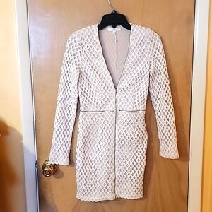 White mesh over skin tone fabric with gold zippers dress